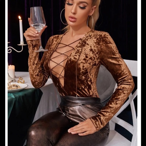 Brown Velvet Lace-Up Front Top - Picture 6 of 11